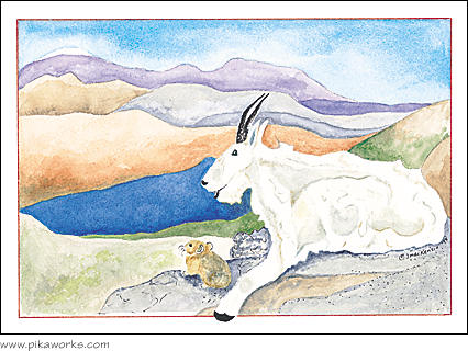 Greeting card about mountain goat art, mountain goat and pika painting, mountain goat friendship card, big and little friends, wildlife notecard