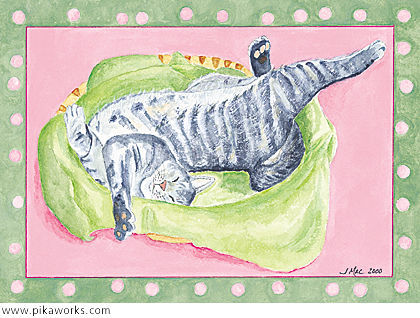 Greeting card about cat art, cat nap, taking a break, Pixel the cat relaxing, framed cat art, cat card, gray tiger cat art