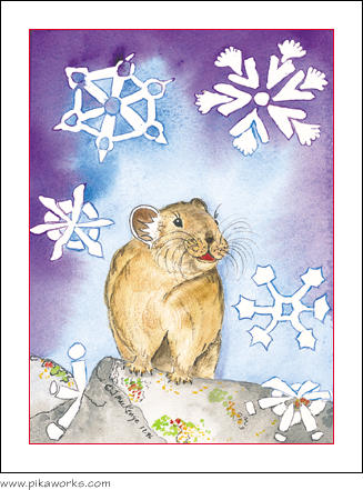 Greeting card about snowflake the pika, pika Christmas card, Grand Teton National Park pika, holiday cards, whimsical pika cards