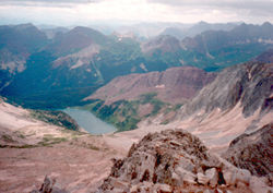 Looking down toward Snowmass Lake as we headed down from Snowmass Mountain